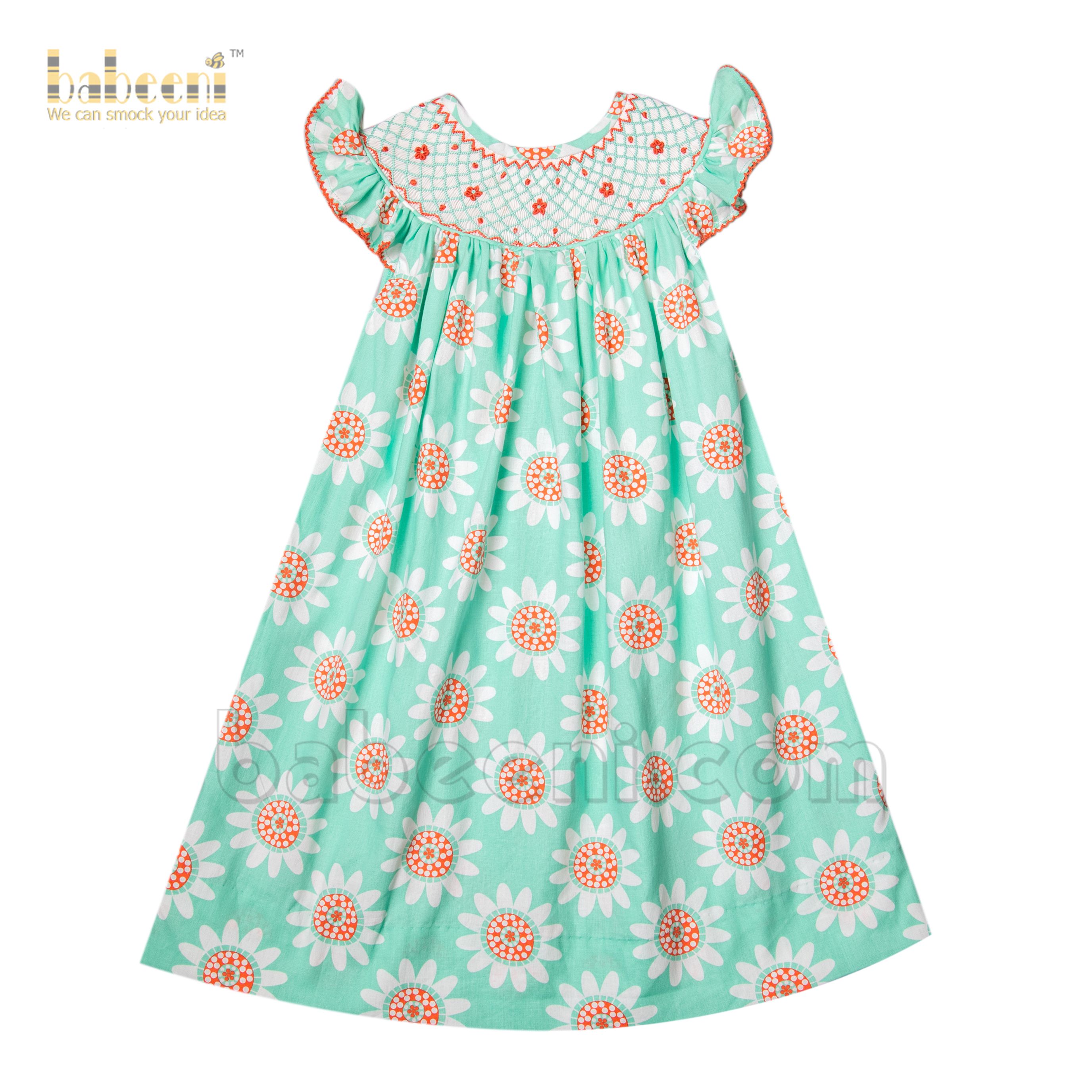 Coral geometric smocked mint dress for baby girl -DR 3077 